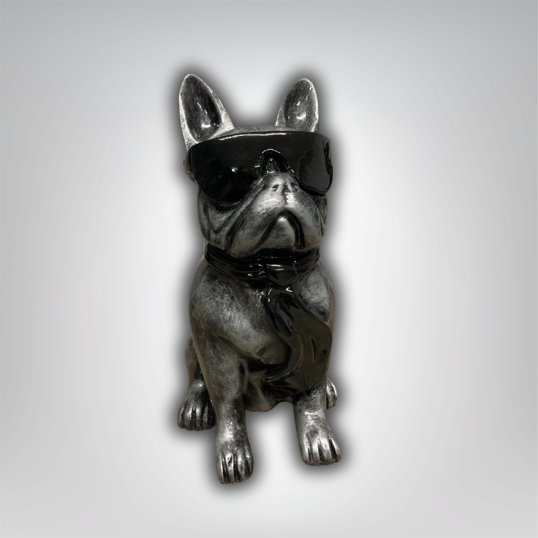 Französische Bulldogge mit Brille und Krawatte silber-antik aus Kunstharz - 30cm