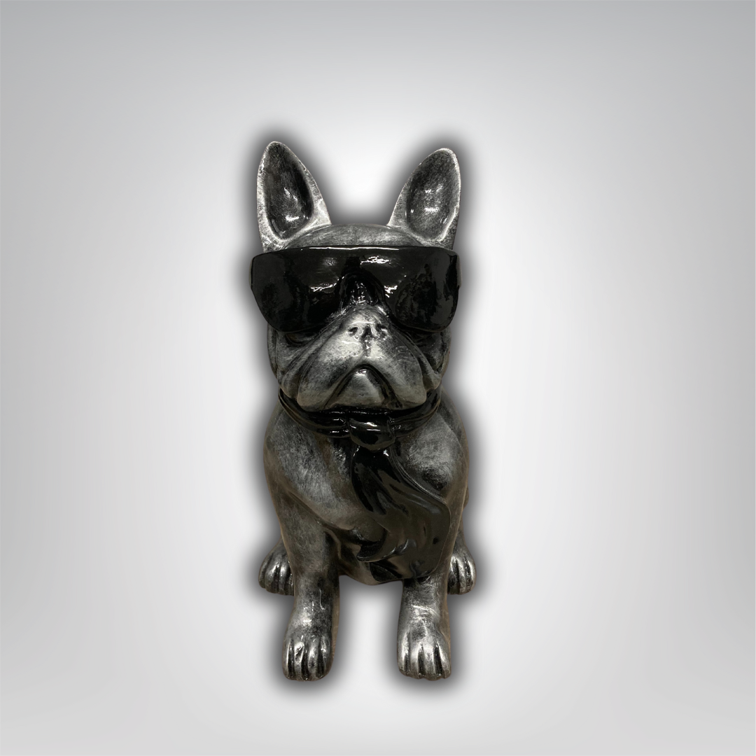 Französische Bulldogge mit Brille und Krawatte silber-antik aus Kunstharz - 30cm