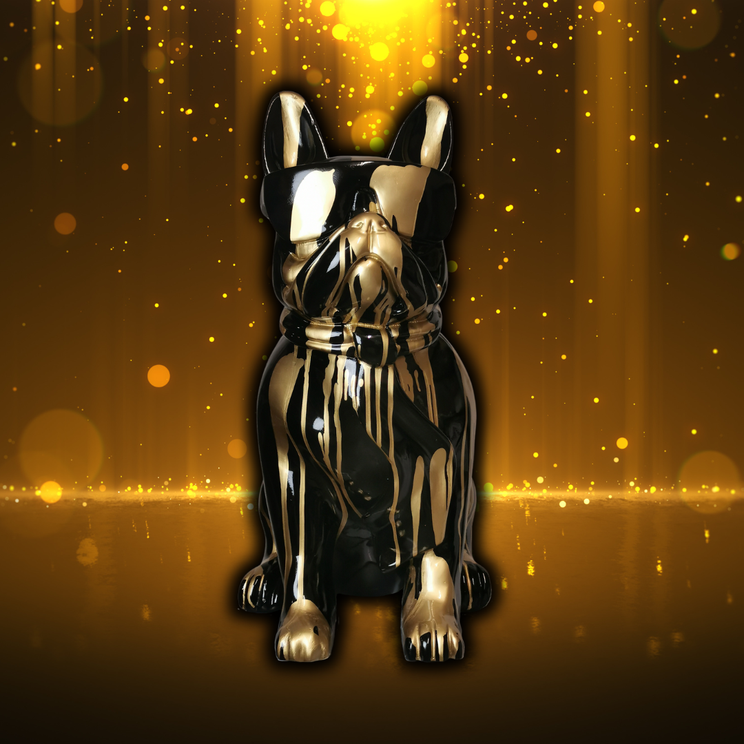 Französische Bulldogge mit Brille und Krawatte schwarz/gold aus Kunstharz - 58cm