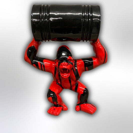 Gorilla mit Fass rot/schwarz aus Kunstharz - 42cm