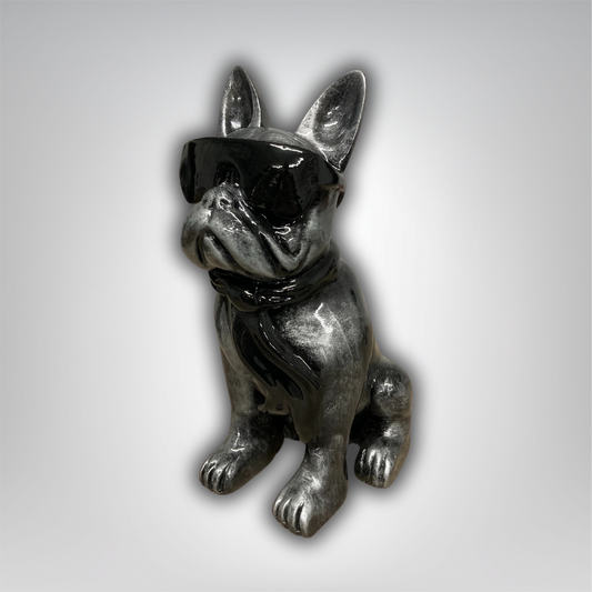 Französische Bulldogge mit Brille und Krawatte silber-antik aus Kunstharz - 30cm
