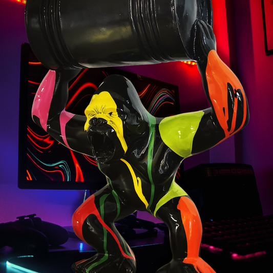 Gorilla mit Fass schwarz/bunt aus Kunstharz - 42cm