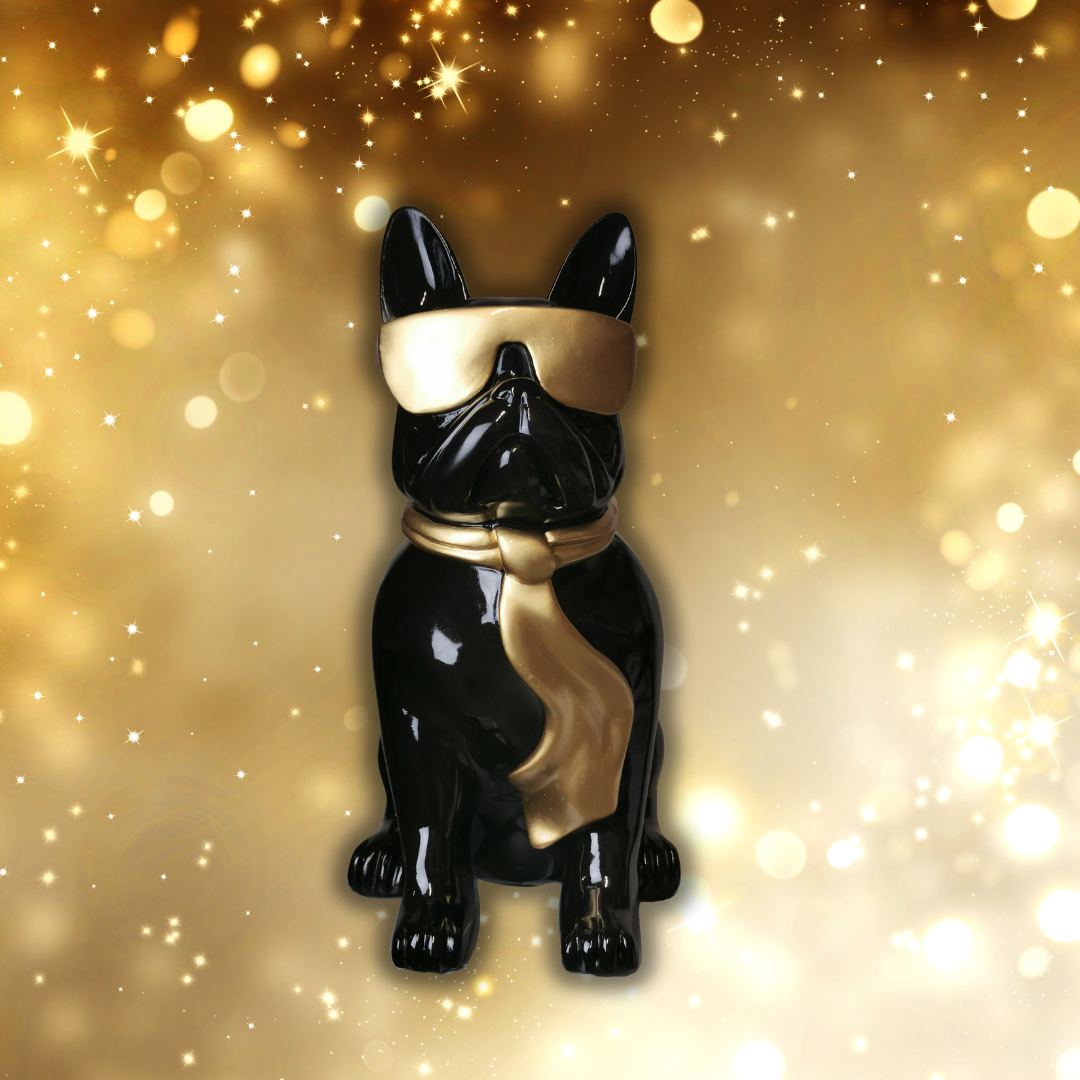 Französische Bulldogge mit Brille und Krawatte schwarz/gold aus Kunstharz - 58cm