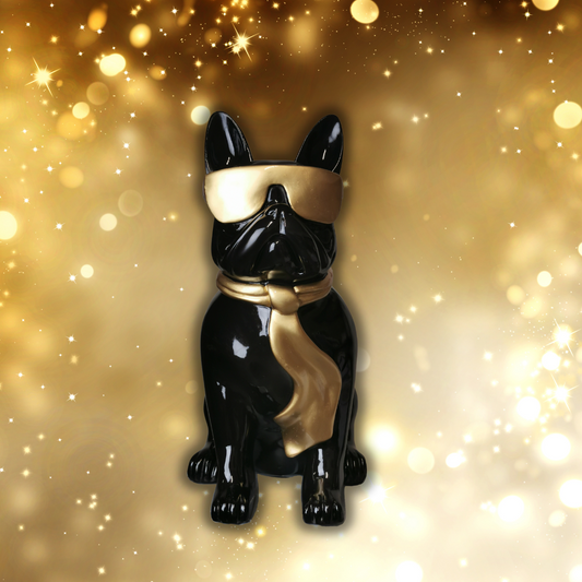 Französische Bulldogge mit Brille und Krawatte schwarz/gold aus Kunstharz - 58cm