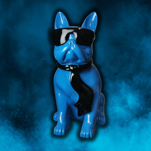 Französische Bulldogge mit Brille und Krawatte blau aus Kunstharz - 58cm