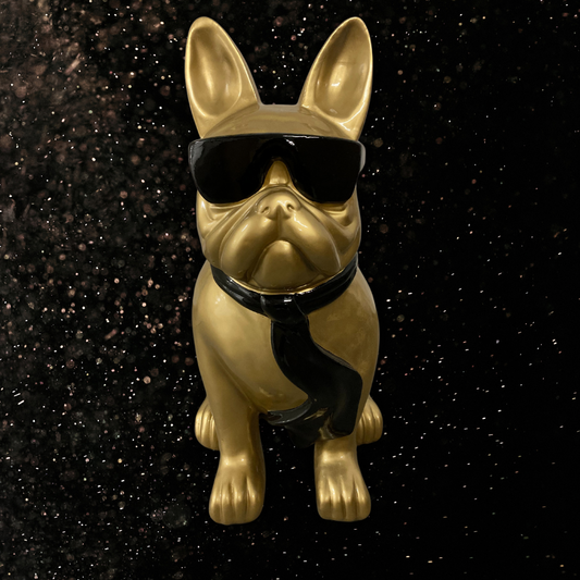 Französische Bulldogge mit Brille und Krawatte gold aus Kunstharz - 78cm
