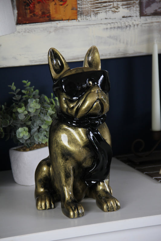 Französische Bulldogge mit Brille und Krawatte gold-antik aus Kunstharz - 30cm