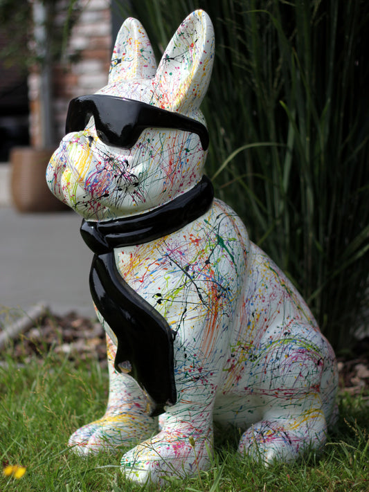 Französische Bulldogge mit Brille und Krawatte weiß-splash aus Kunstharz - 78cm