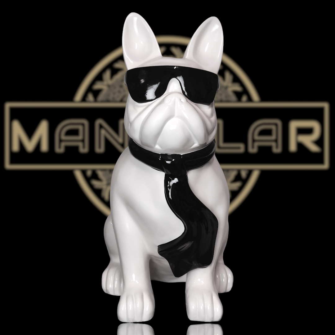 Französische Bulldogge mit Brille und Krawatte weiß aus Kunstharz - 78cm
