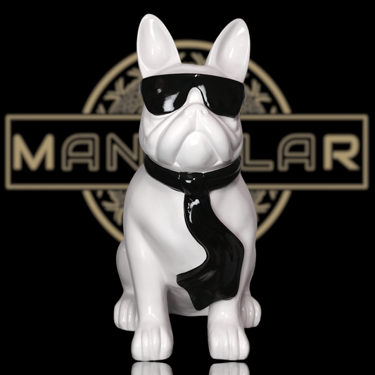 Französische Bulldogge mit Brille und Krawatte weiß aus Kunstharz - 78cm