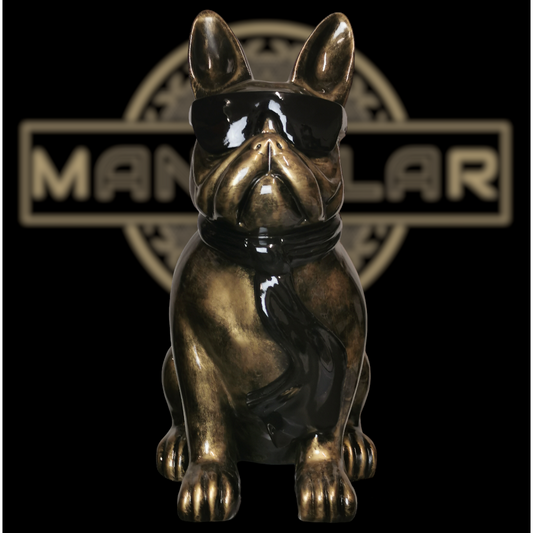Französische Bulldogge mit Brille und Krawatte antik-gold aus Kunstharz - 78cm